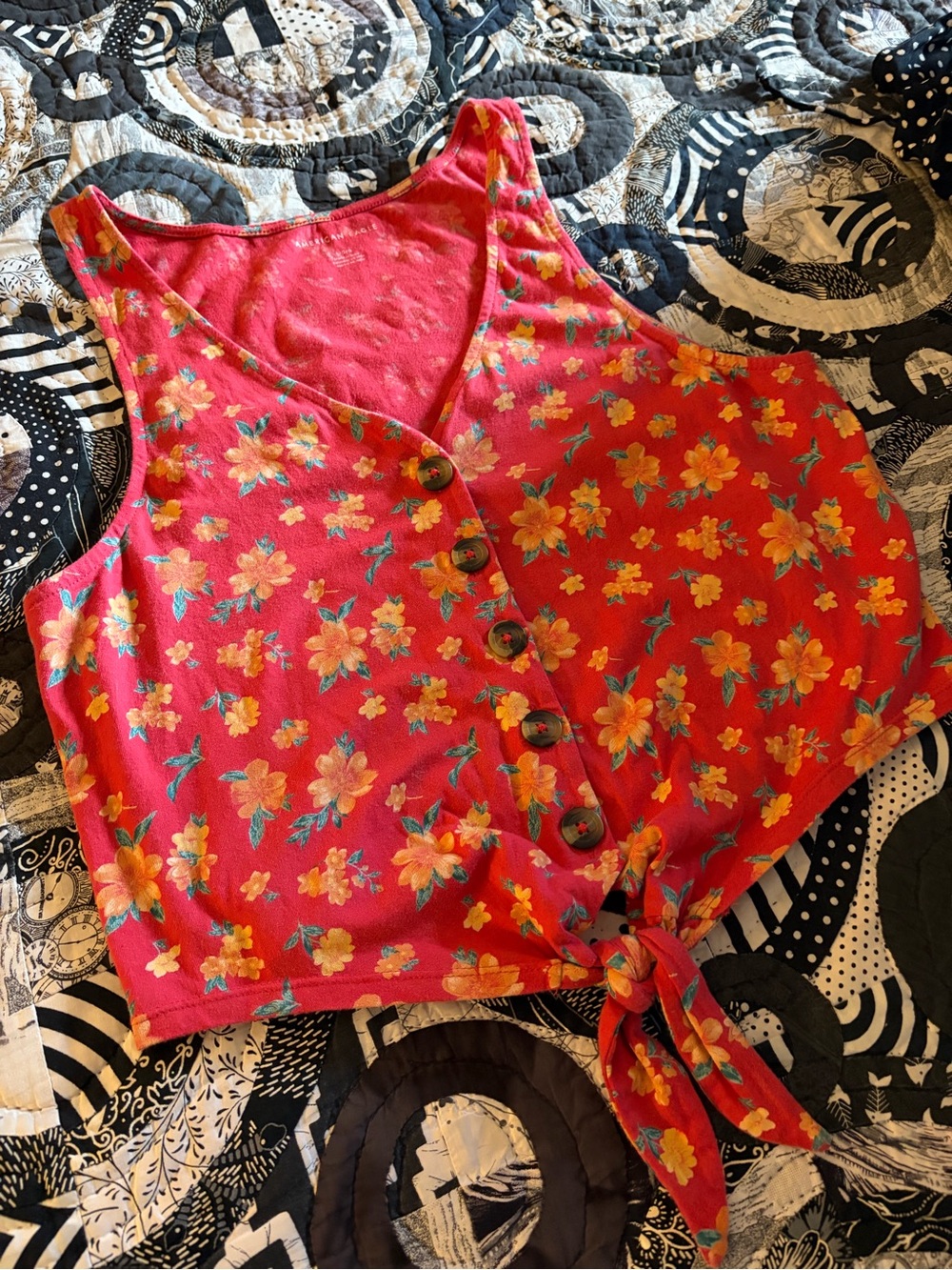 American Eagle Floral Tie Front Crop Top Large Pink Button Front Boho